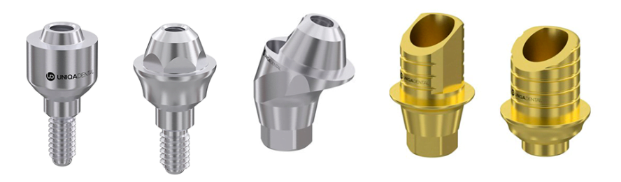 Different types of abutments for screw fixation of the prosthesis - mua (left) and t-base (right)