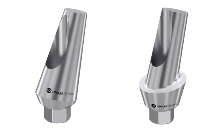 Angled abutments both with a flat conical shaped rod and with a ledge for anatomical contact with the gingiva