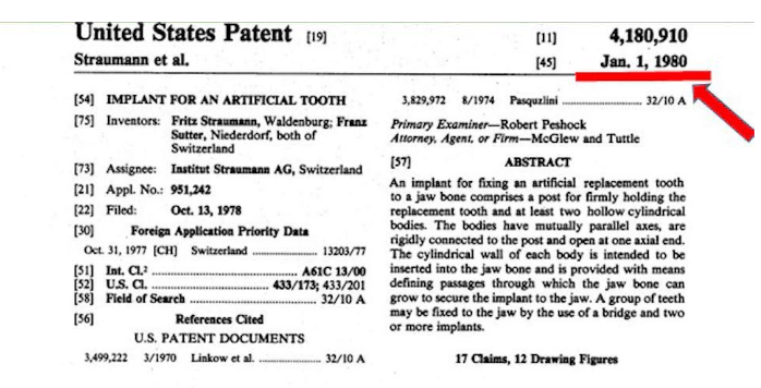 Patent for the straumann titanium implant 1980. Outline