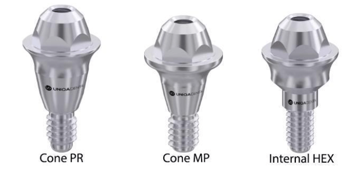 Straight MUAs with different interfaces - from left to right: conical interface type PR; conical interface type MP; internal hexagonal connection 
