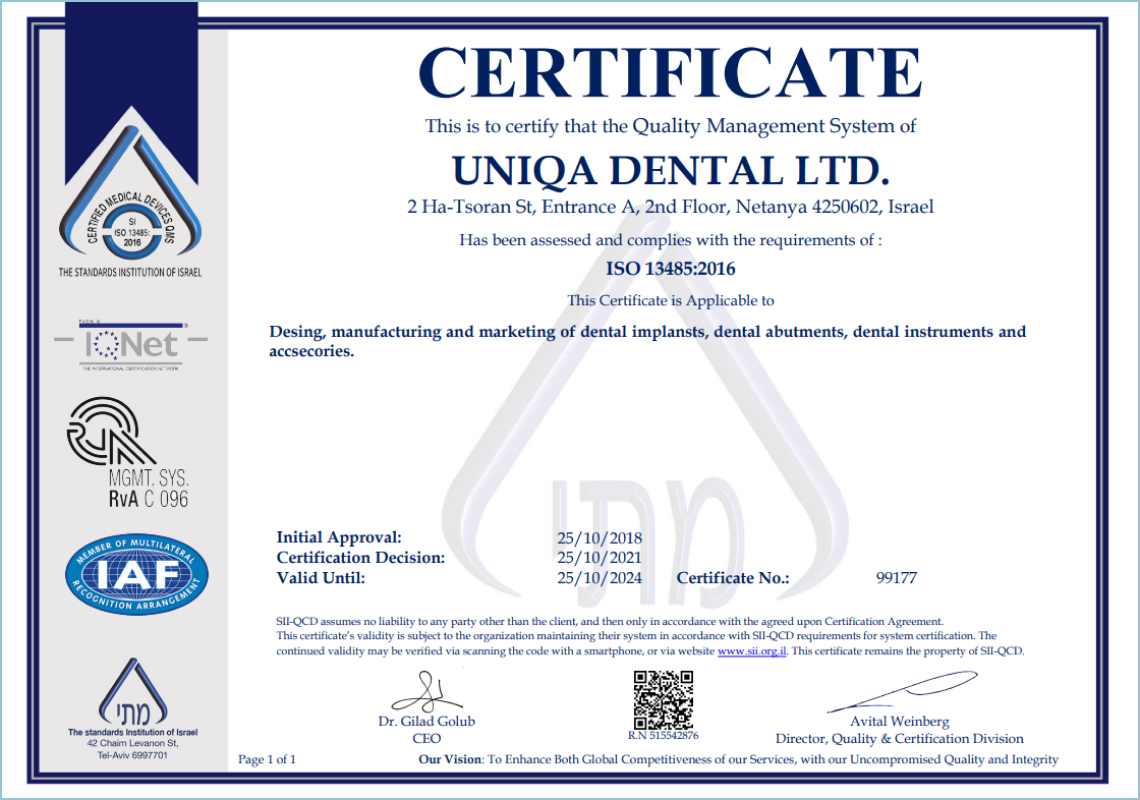 ISO 13485:2016 Certificate for Uniqa Dental