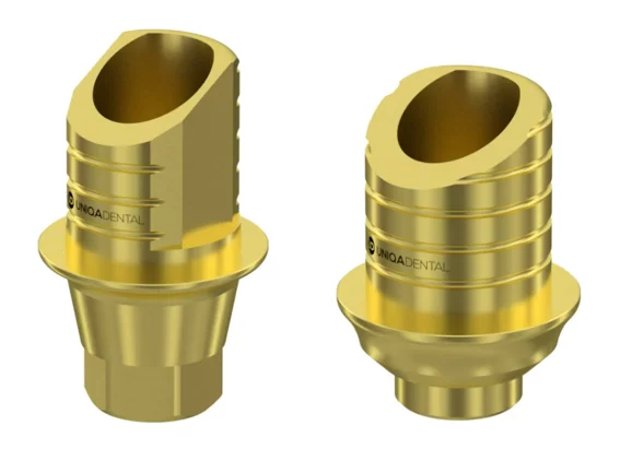 Pair of gold-colored CAD/CAM dental abutments with contoured tops, designed for dental implant support structures.