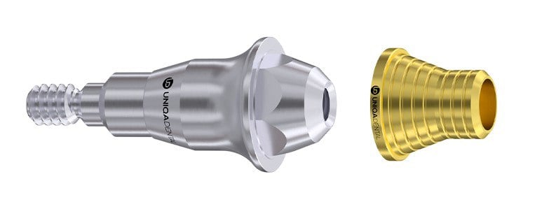 Two dental multi-unit abutments: a pink threaded shaft with hexagonal conical tip on the left, and a gold ridged, tapering body on the right, both with central bores.