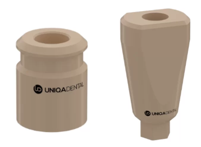 Samples of scan markers, on the left for installation at the level of the multi-unit abutment, on the right for installation at the level of the implant