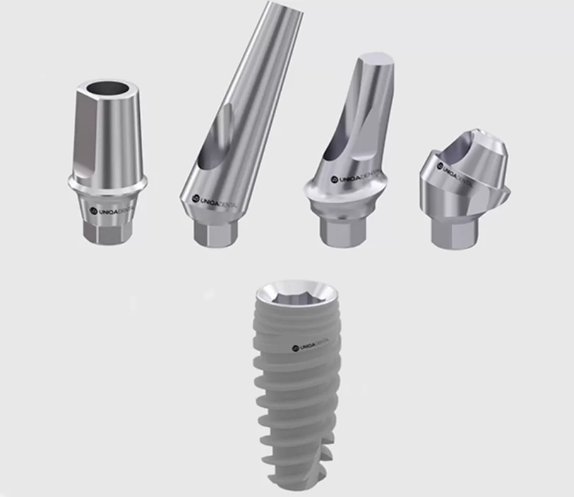 Pre-fabricated abutments for implants with an internal hexagon interface include, from left to right: a straight abutment for cement fixation; an angled abutment for cement fixation; an angled abutment with an anatomical margin for cement fixation along the gum line; and an angled multi-unit abutment for screw fixation.