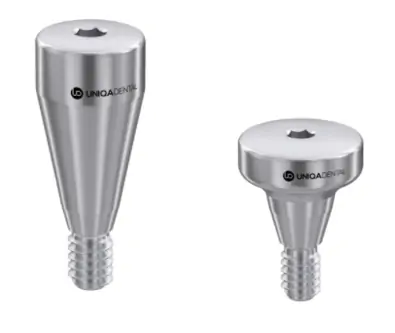 Two dental implant healing caps of different sizes, both made of metal with the Linksquare logo engraved.